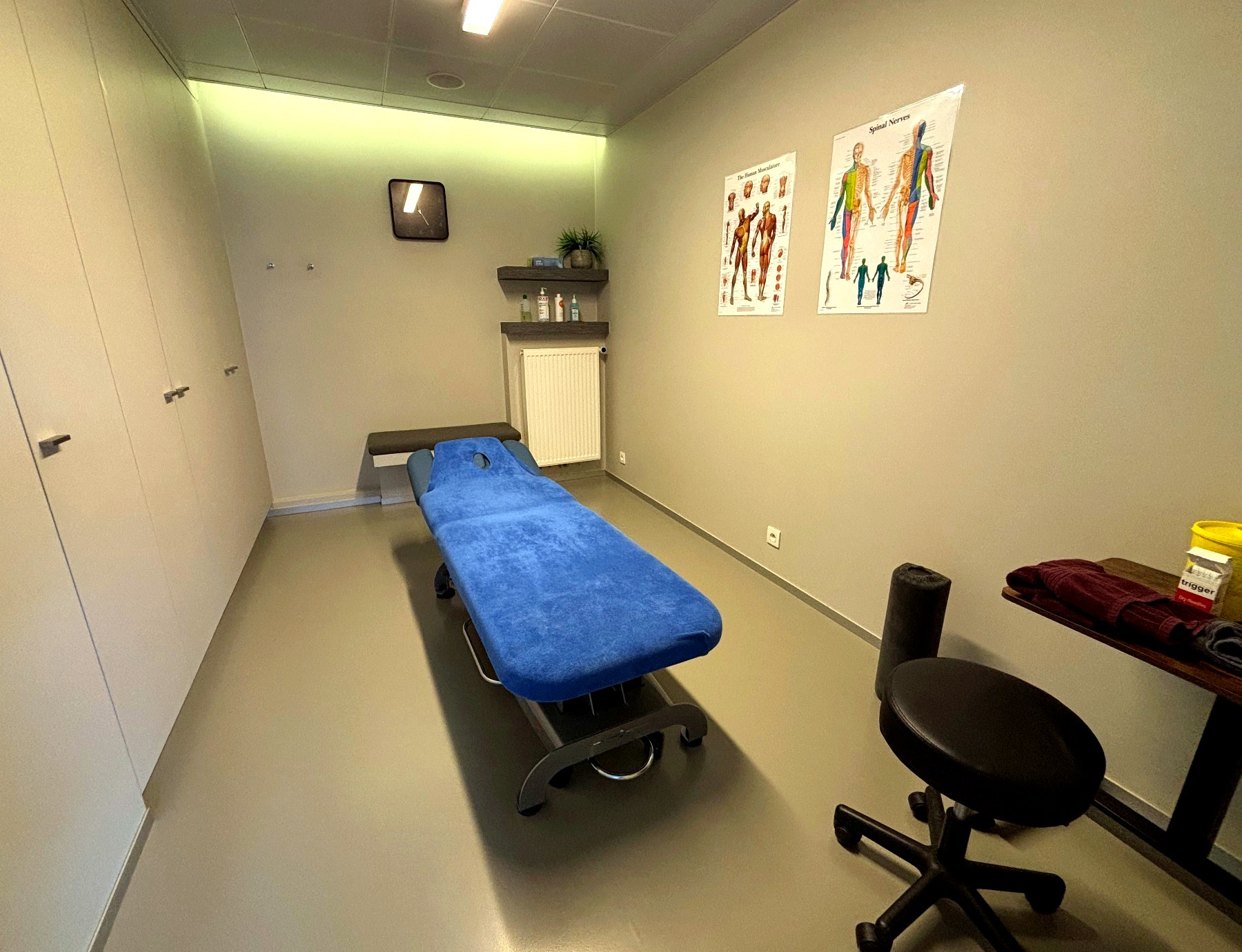 Rustige behandelruimte met behandeltafel en anatomische posters in Praktijk West Roeselare